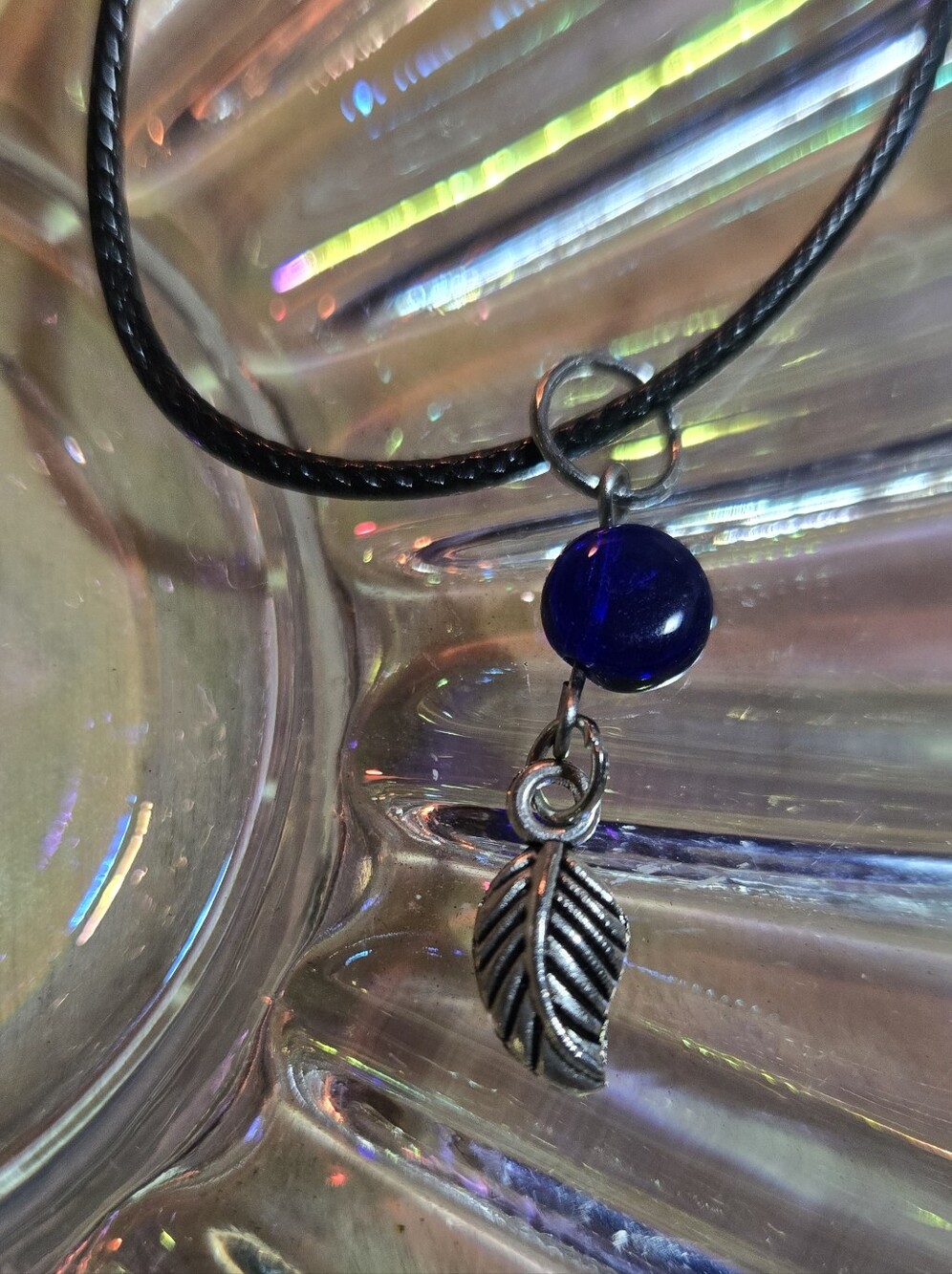 Cobalt Blue Glass Bead Leaf Pendant Necklace Black Cord 17" + 2" Extender
